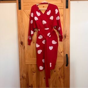 Red Heart Patterned sweater Dress
